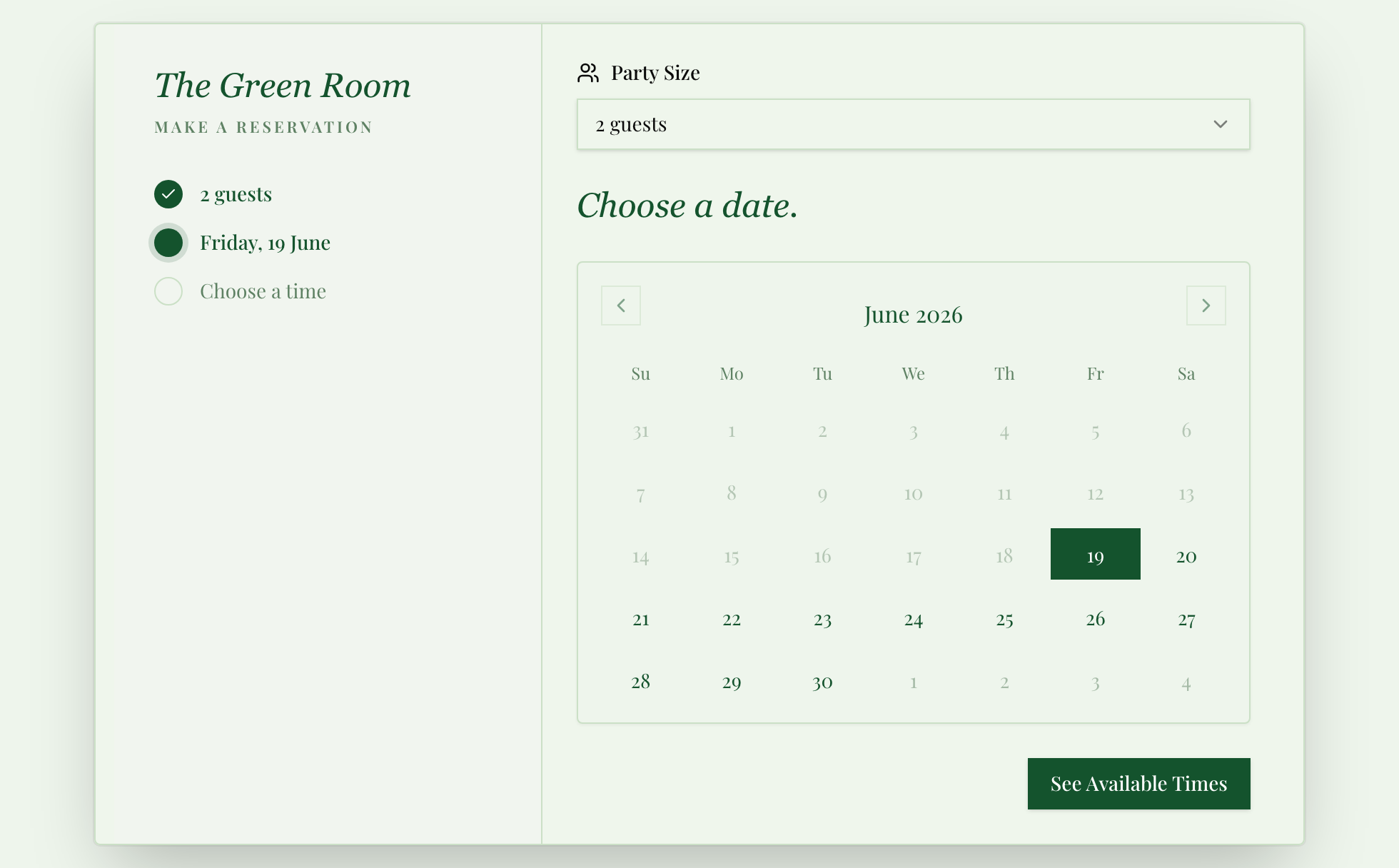 Seatly Booking Widget (Landscape layout) — The Green Room