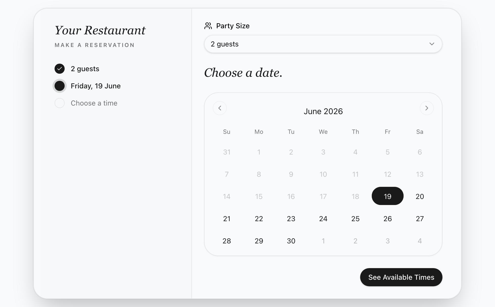 Seatly Booking Widget (Landscape layout) — Default white-label